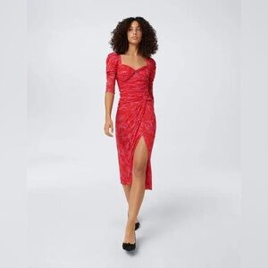 Diane Von Furstenberg Bettina Sweetheart Collar Midi Mesh Dress in Cupid NWT XL